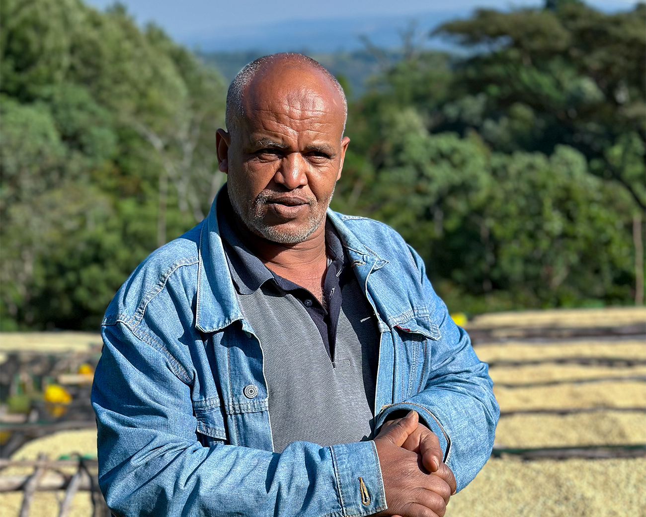 Man wearing a blue jacket standing in front of coffee drying beds