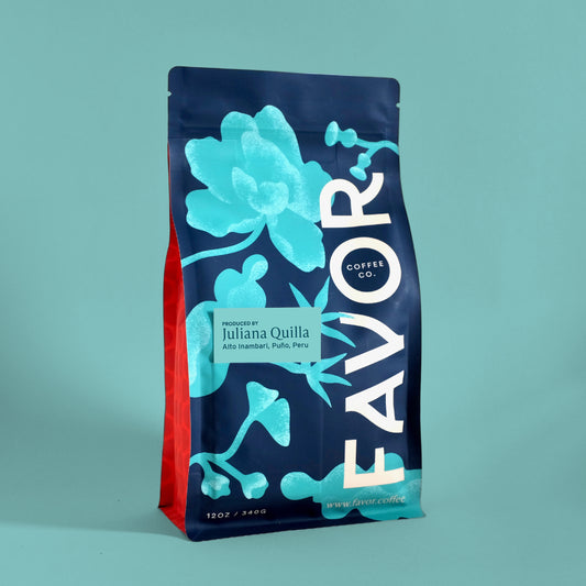 Coffee bag with blue floral design and 'FAVOR' branding on a teal background