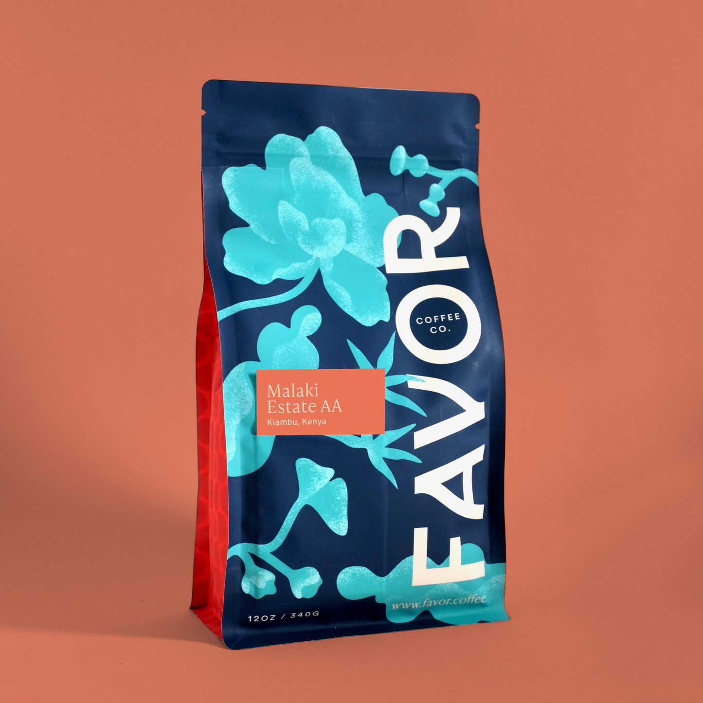 Blue bag with floral design and 'FAVOR' branding on top of pink background
