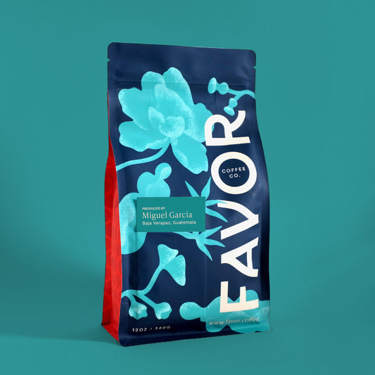 Blue bag with floral print and 'FAVOR' logo on it on a teal backgroun