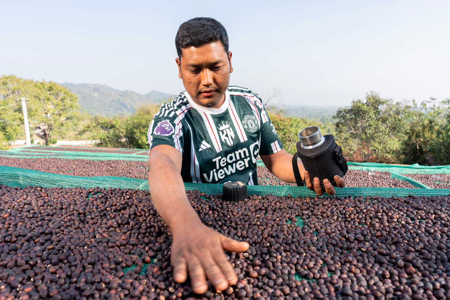 Man standing behind a drying table with drying coffee cherries, using coffee moisture meter 